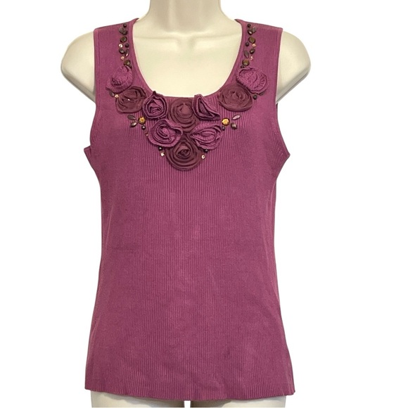 Ruby Rd Ribbed Sleeveless Tank Top, Floral Embellishments, Color Plum, Size PXL - Picture 2 of 10